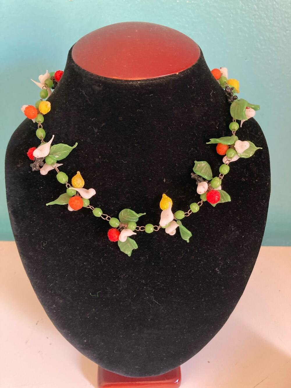 Vintage Murano Glass Tutti Frutti Fruit Salad Bird Necklace Choker Italy 16"
